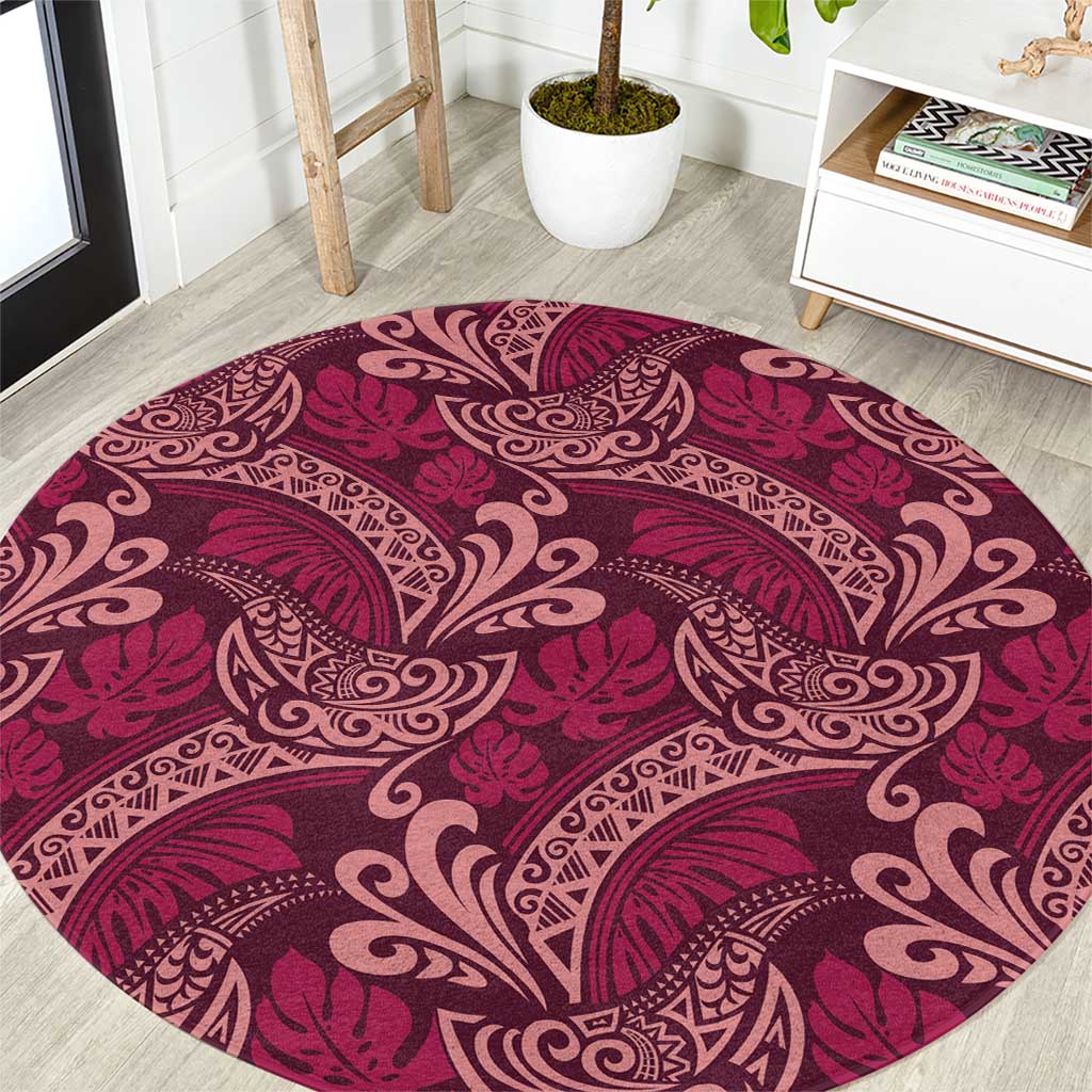Sweet Pink Monstera Round Carpet Polynesian Tribal Pattern - Polynesian Pride