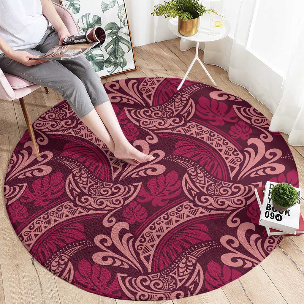 Sweet Pink Monstera Round Carpet Polynesian Tribal Pattern - Polynesian Pride