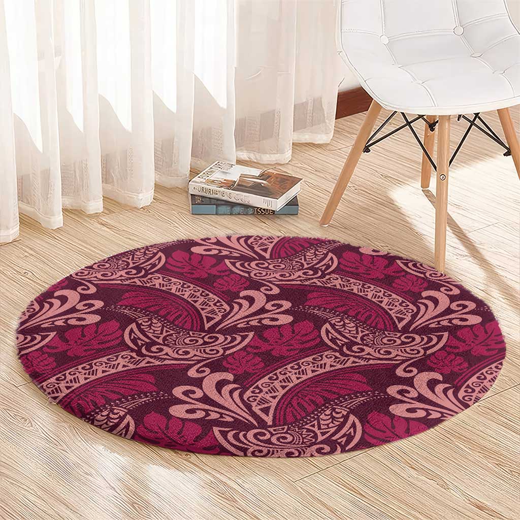 Sweet Pink Monstera Round Carpet Polynesian Tribal Pattern - Polynesian Pride