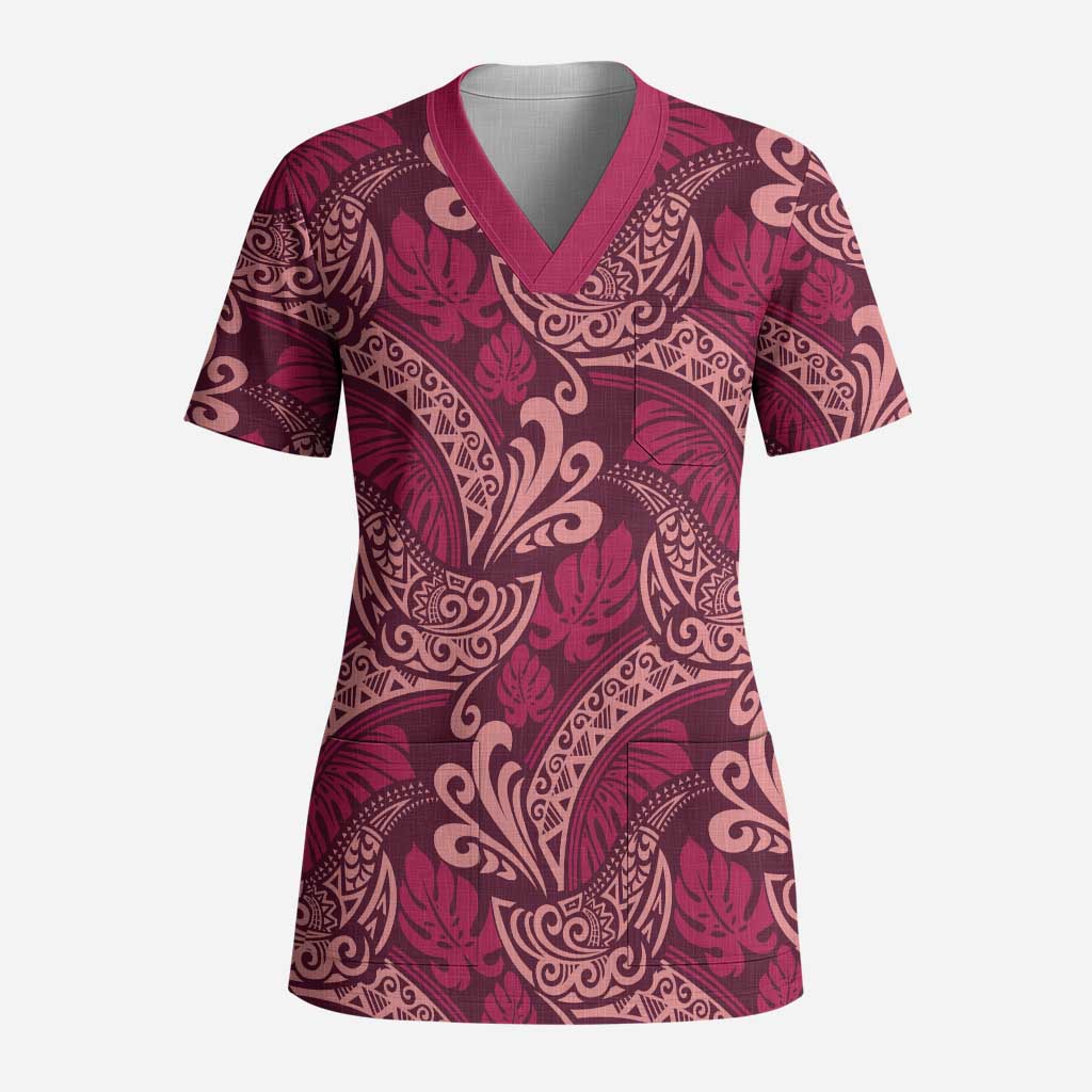 Sweet Pink Monstera Scrub Top Polynesian Tribal Pattern LT01 Adult Pink - Polynesian Pride