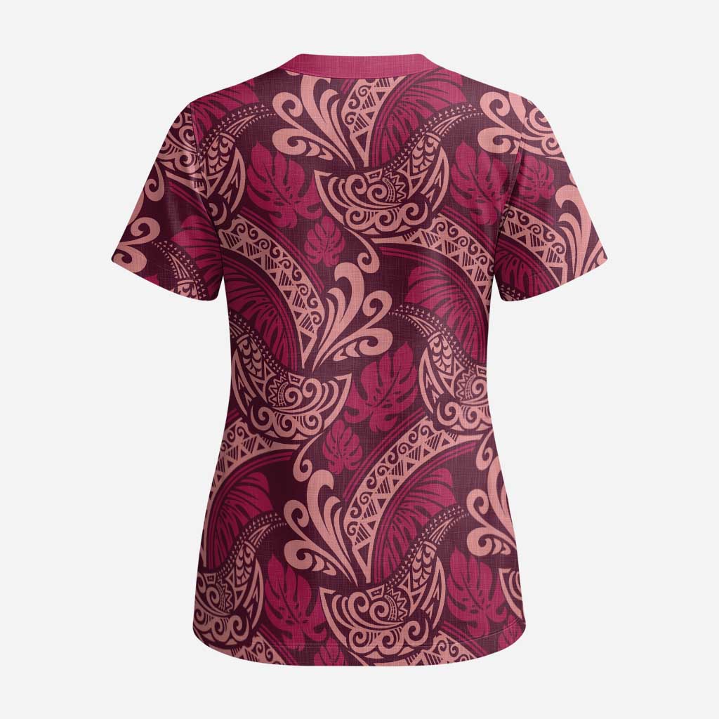 Sweet Pink Monstera Scrub Top Polynesian Tribal Pattern LT01 - Polynesian Pride