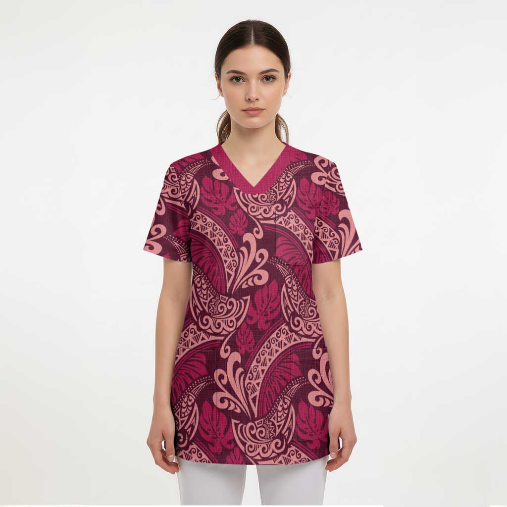 Sweet Pink Monstera Scrub Top Polynesian Tribal Pattern LT01 - Polynesian Pride