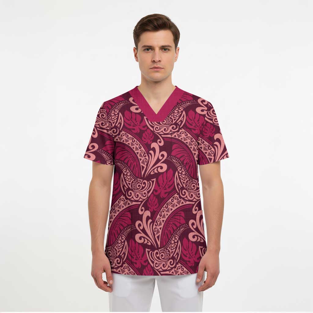 Sweet Pink Monstera Scrub Top Polynesian Tribal Pattern LT01 - Polynesian Pride
