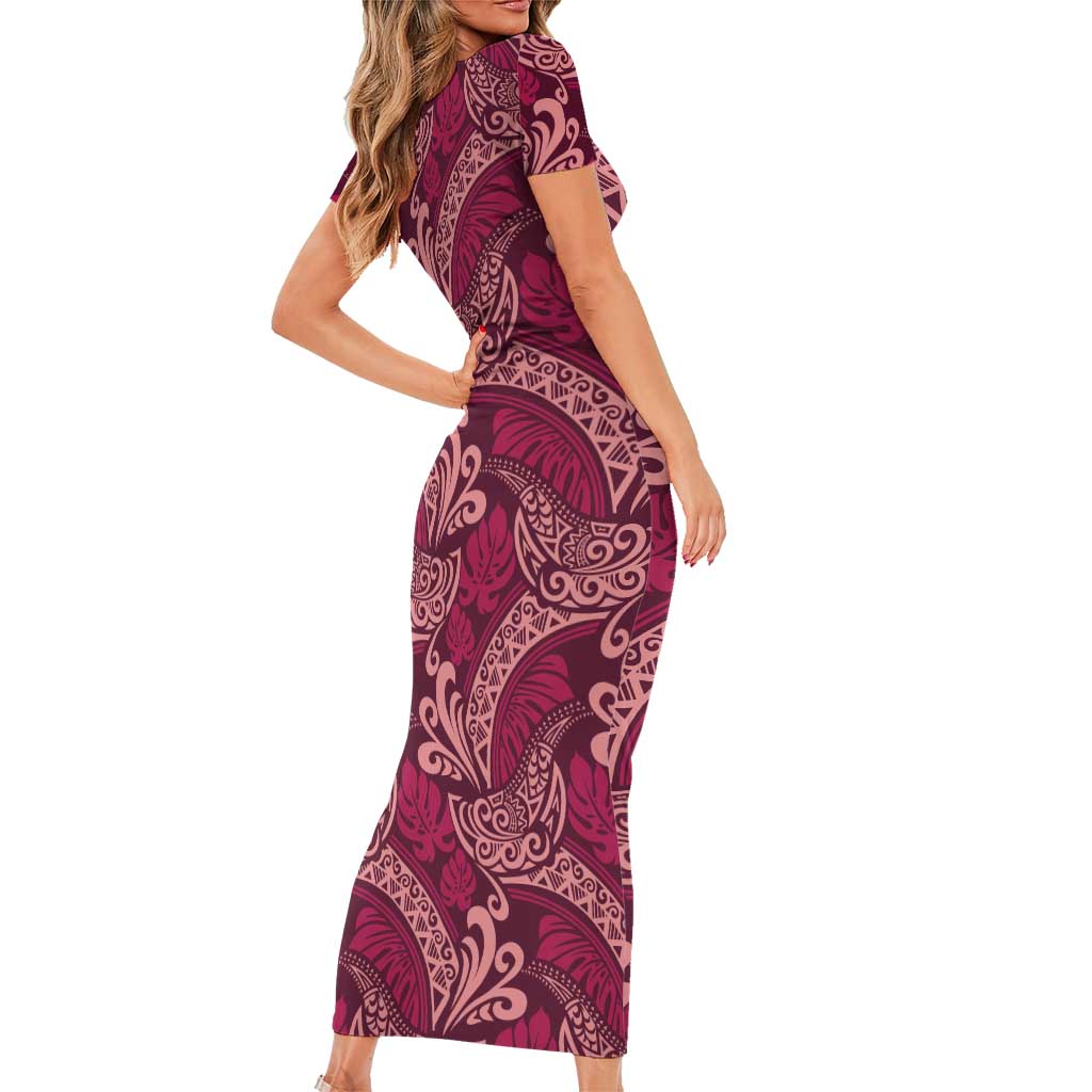 Sweet Pink Monstera Short Sleeve Bodycon Dress Polynesian Tribal Pattern LT01 - Polynesian Pride