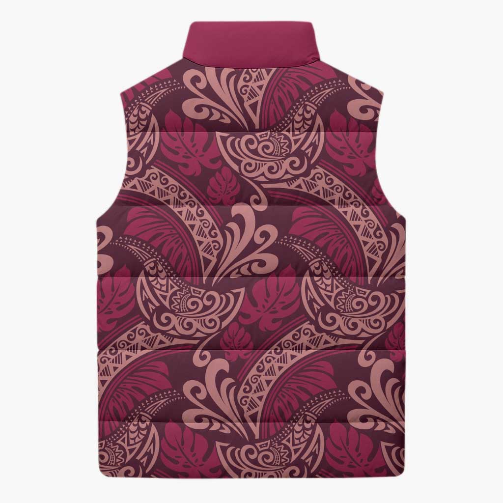 Sweet Pink Monstera Sleeveless Puffer Jacket Polynesian Tribal Pattern LT01 - Polynesian Pride