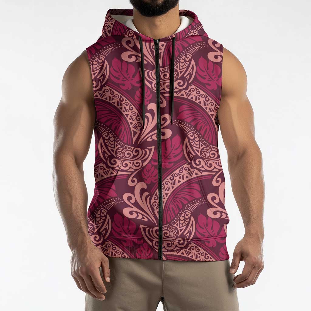 Sweet Pink Monstera Sleeveless Zip Hoodie Polynesian Tribal Pattern LT01 - Polynesian Pride
