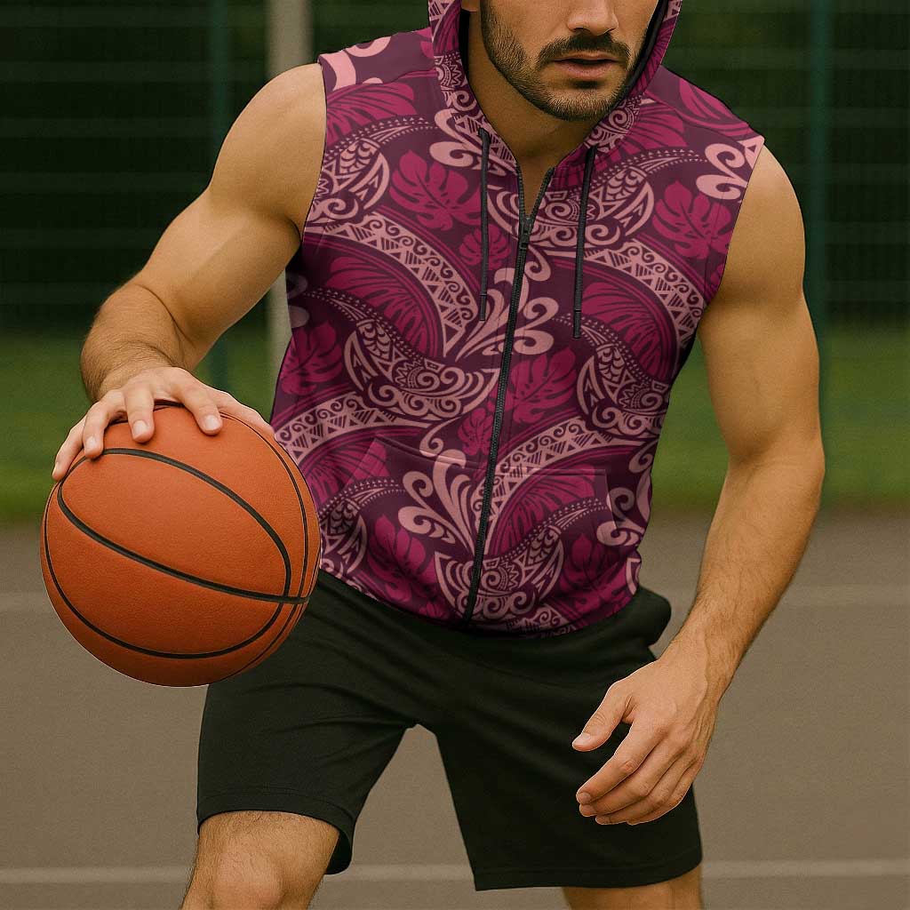 Sweet Pink Monstera Sleeveless Zip Hoodie Polynesian Tribal Pattern LT01 - Polynesian Pride
