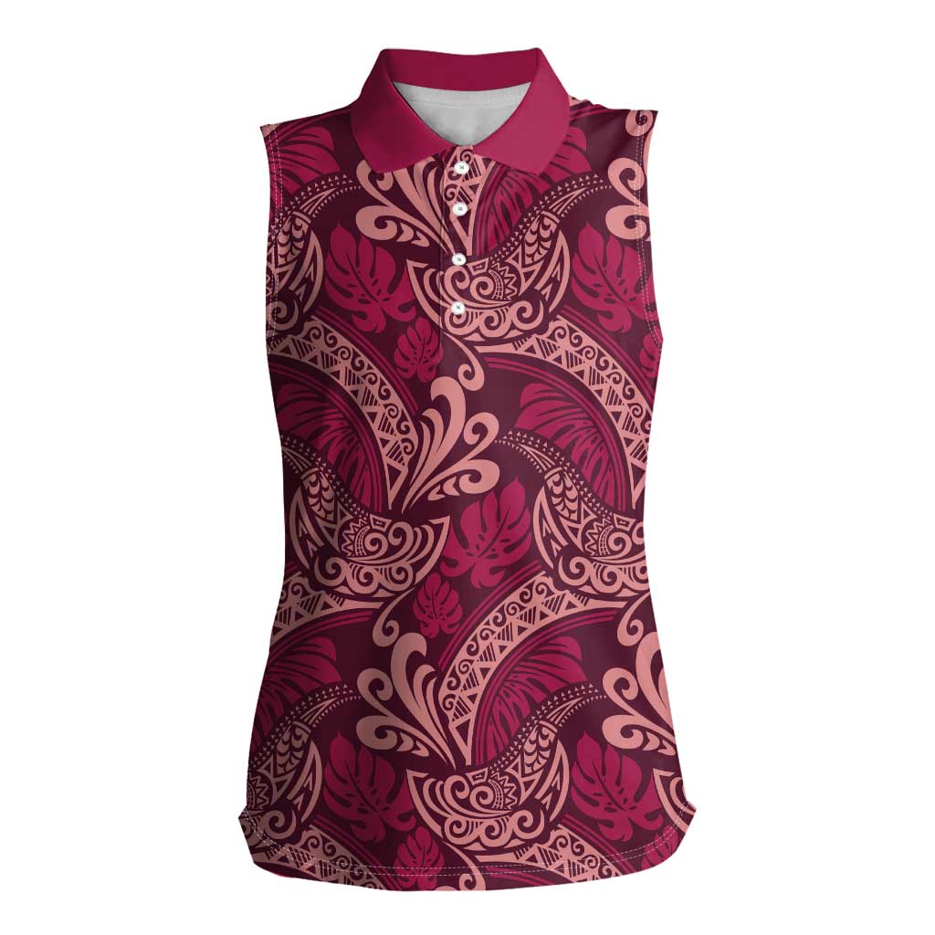 Sweet Pink Monstera Women Sleeveless Polo Shirt Polynesian Tribal Pattern LT01 Female Pink - Polynesian Pride