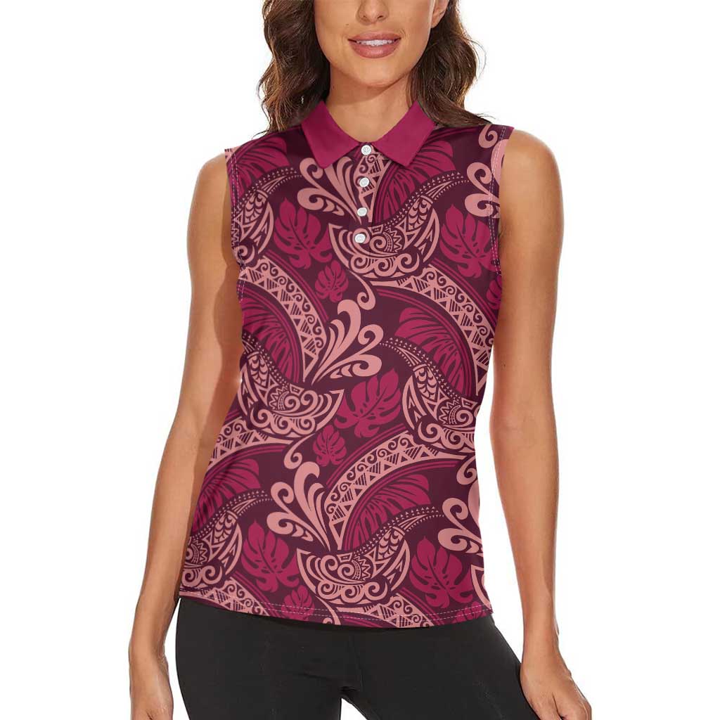 Sweet Pink Monstera Women Sleeveless Polo Shirt Polynesian Tribal Pattern LT01 - Polynesian Pride
