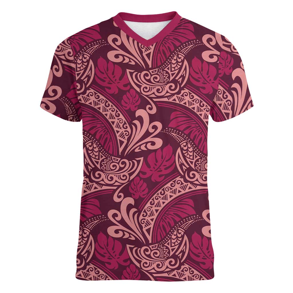 Sweet Pink Monstera Women V-Neck T-Shirt Polynesian Tribal Pattern LT01 Female Pink - Polynesian Pride