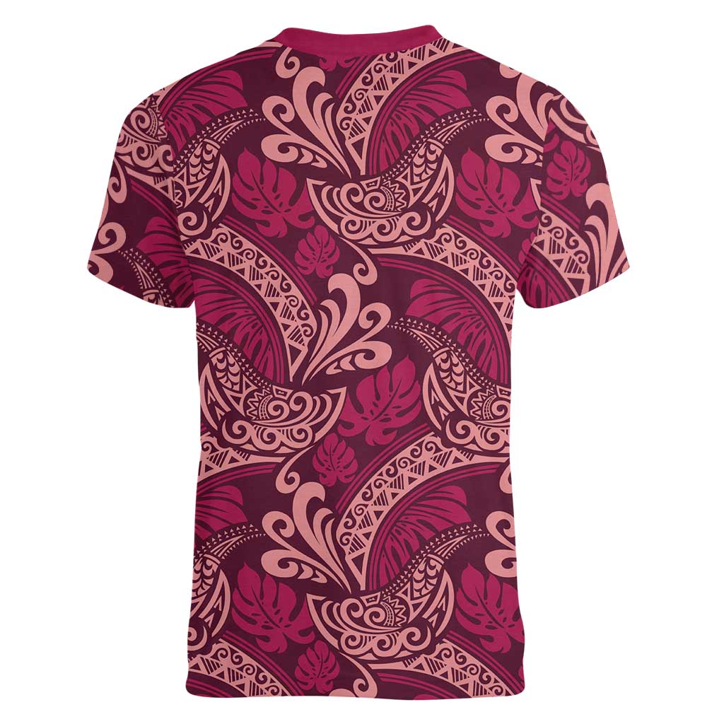 Sweet Pink Monstera Women V-Neck T-Shirt Polynesian Tribal Pattern LT01 - Polynesian Pride