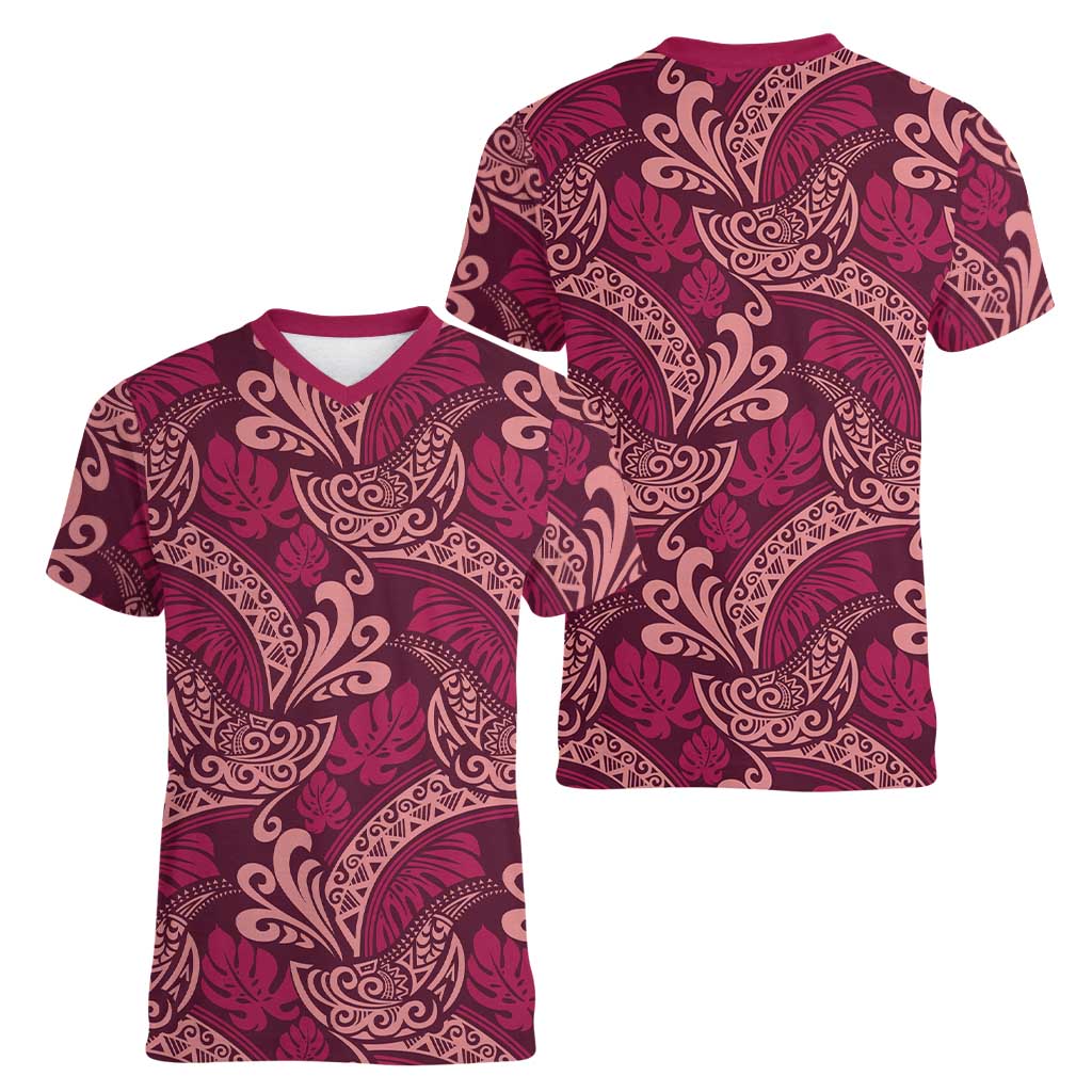 Sweet Pink Monstera Women V-Neck T-Shirt Polynesian Tribal Pattern LT01 - Polynesian Pride