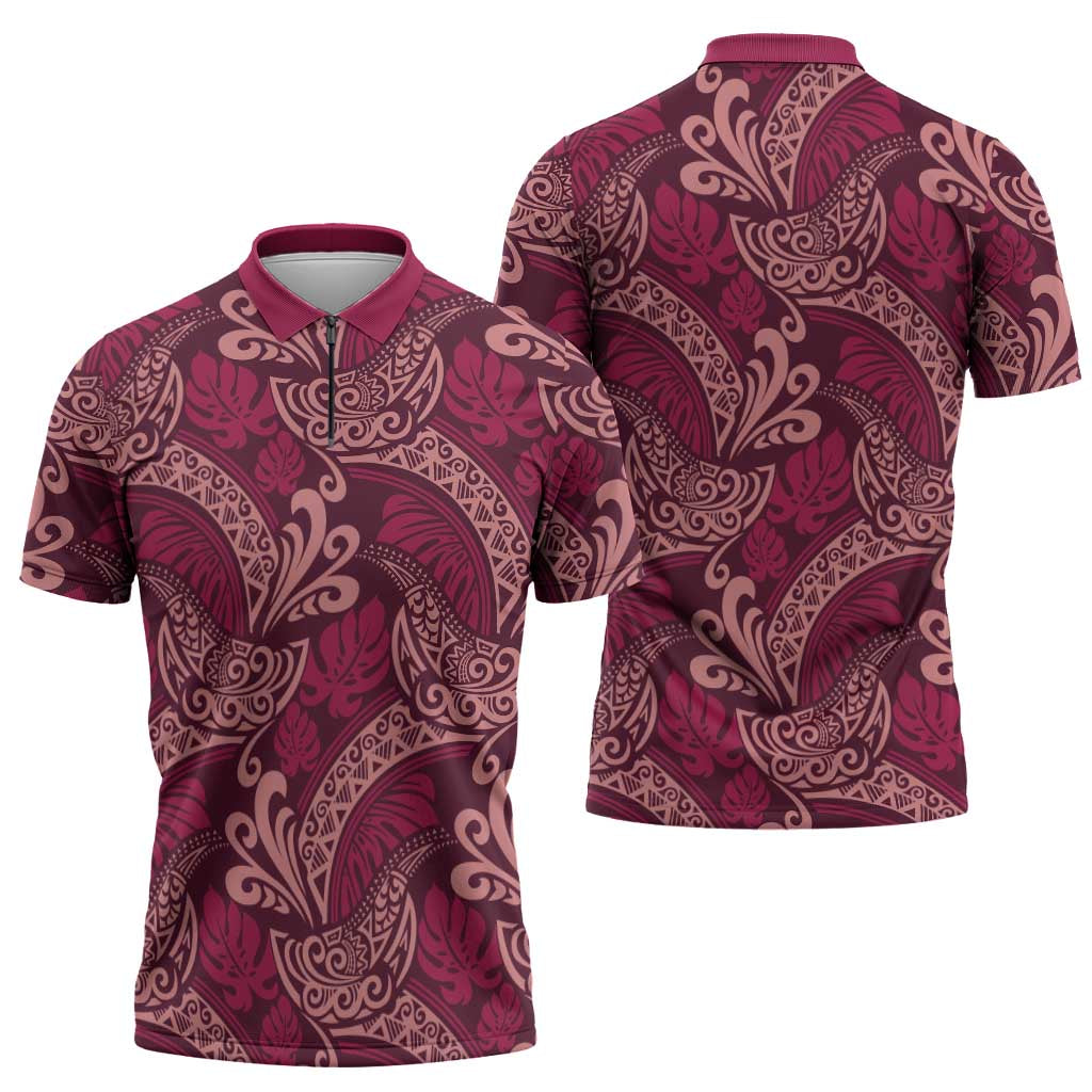 Sweet Pink Monstera Zipper Polo Shirt Polynesian Tribal Pattern LT01 - Polynesian Pride
