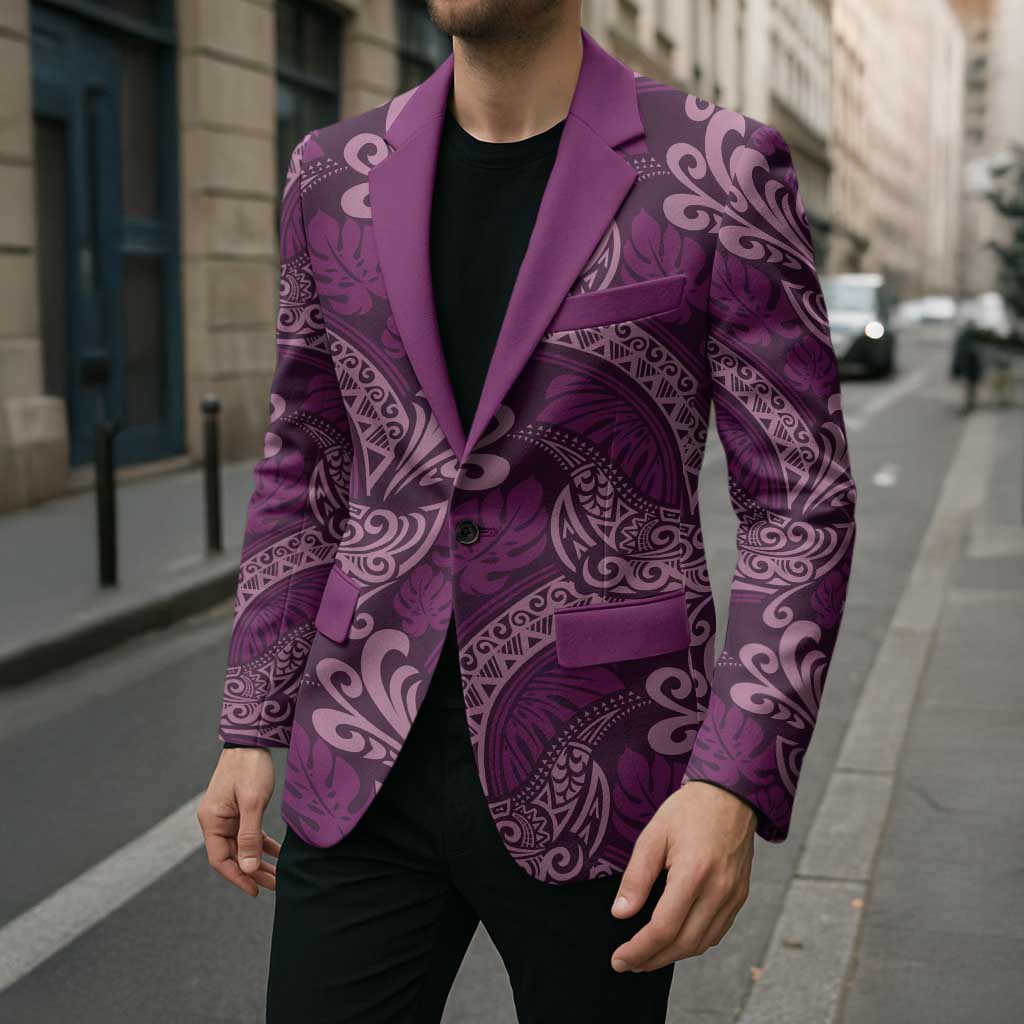 Royal Purple Monstera Blazer Polynesian Tribal Pattern - Polynesian Pride
