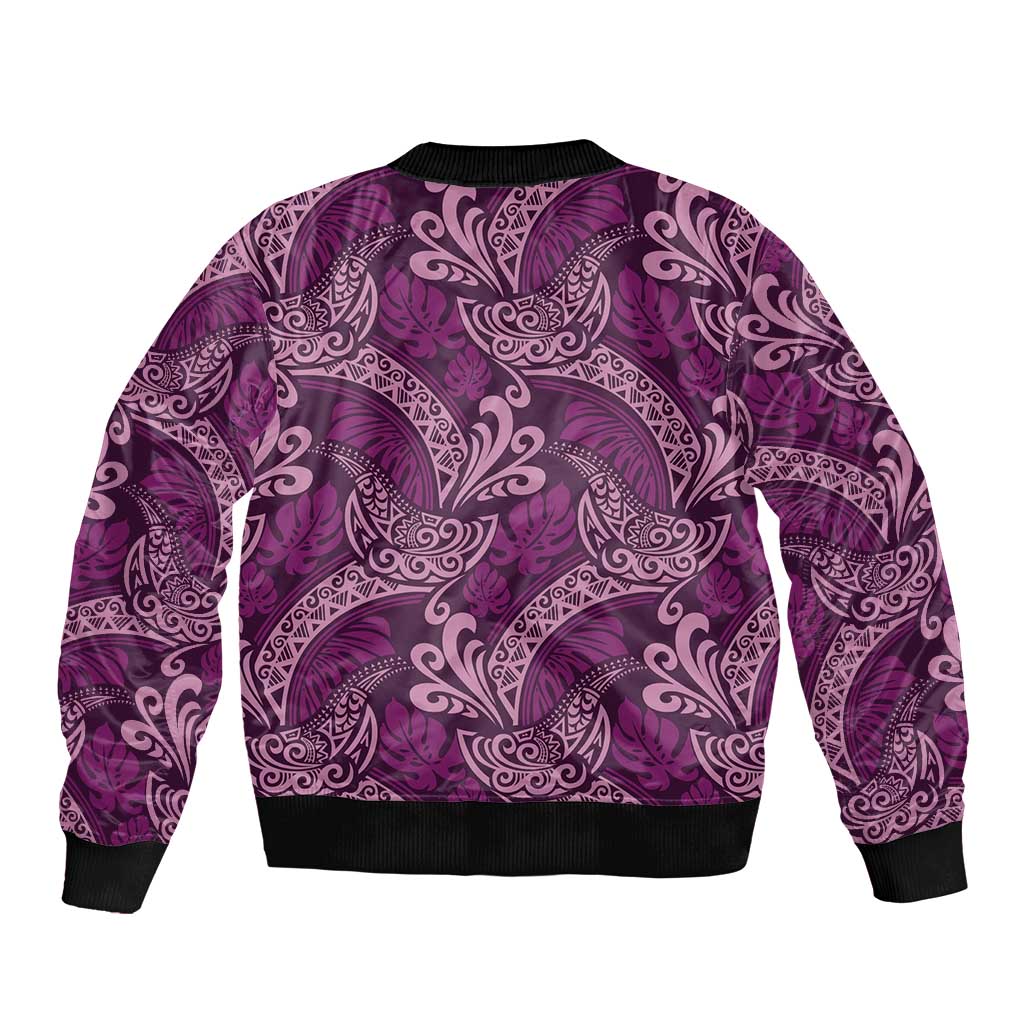 Royal Purple Monstera Bomber Jacket Polynesian Tribal Pattern - Polynesian Pride
