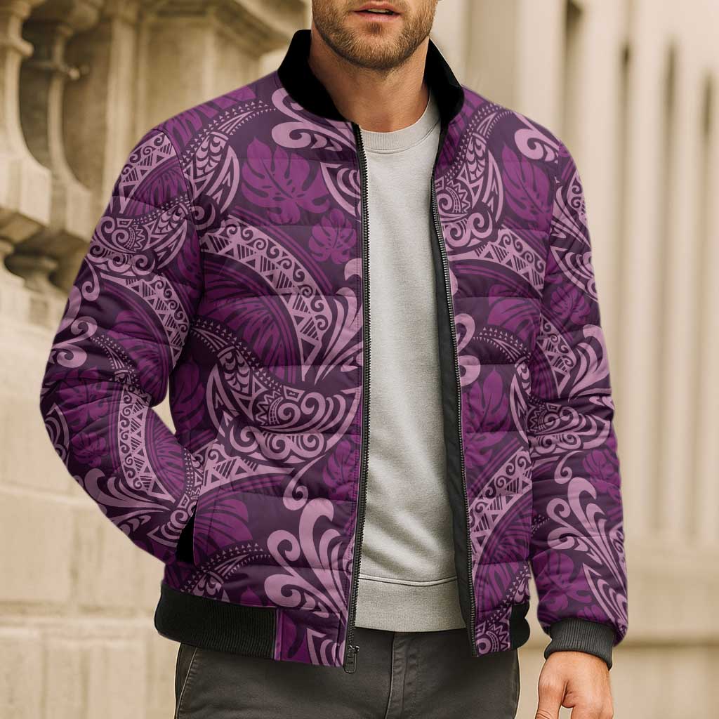 Royal Purple Monstera Bomber Puffer Jacket Polynesian Tribal Pattern LT01 - Polynesian Pride