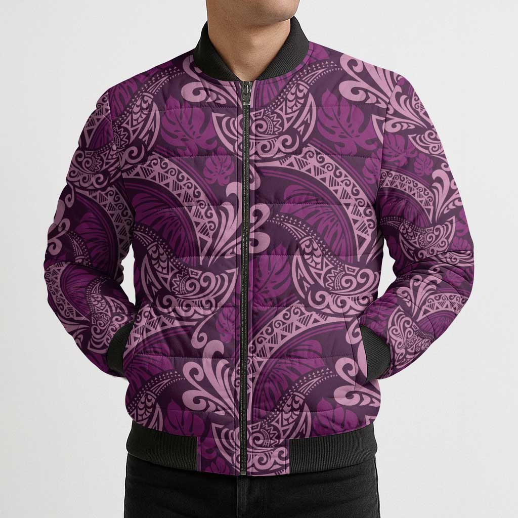 Royal Purple Monstera Bomber Puffer Jacket Polynesian Tribal Pattern LT01 - Polynesian Pride