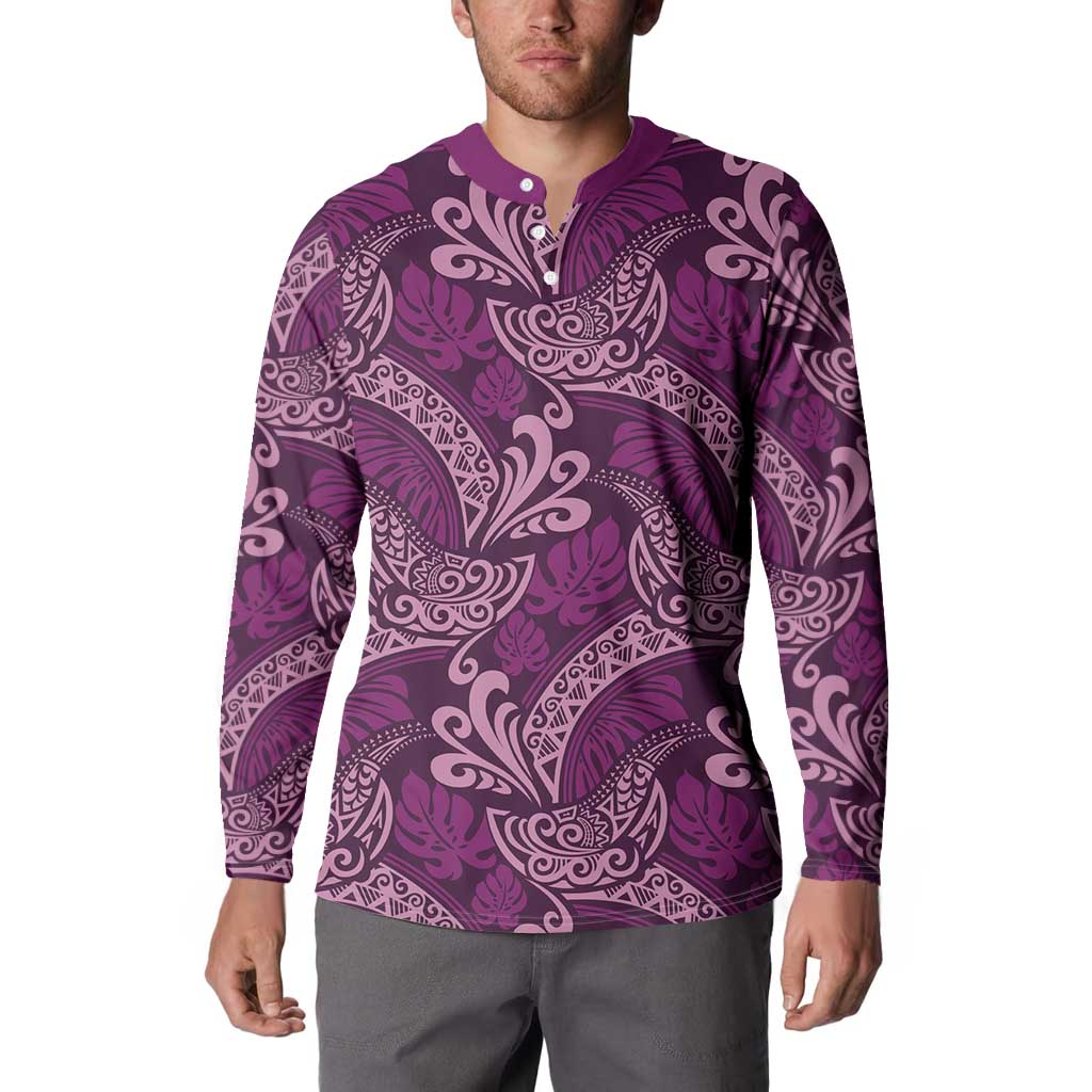 Royal Purple Monstera Button Sweatshirt Polynesian Tribal Pattern LT01 - Polynesian Pride