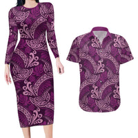 Royal Purple Monstera Couples Matching Long Sleeve Bodycon Dress and Hawaiian Shirt Polynesian Tribal Pattern - Polynesian Pride