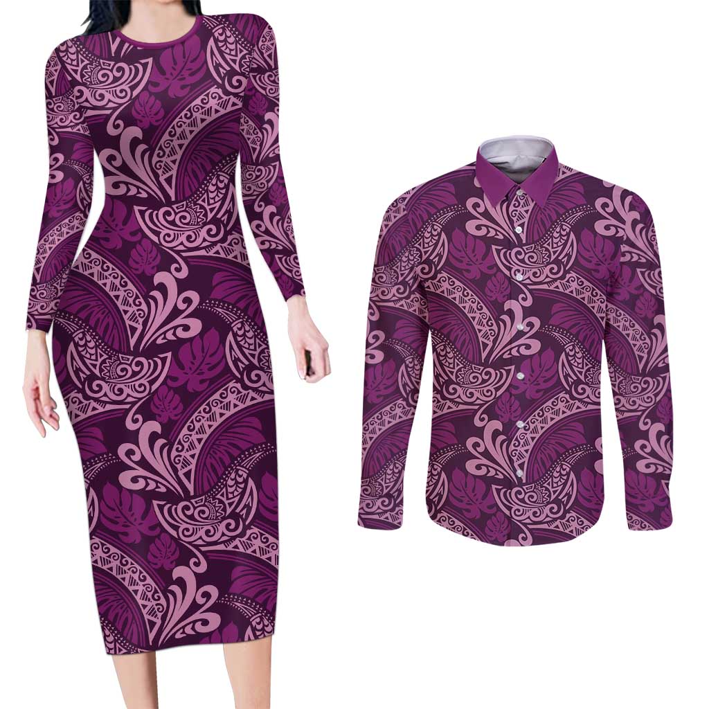 Royal Purple Monstera Couples Matching Long Sleeve Bodycon Dress and Long Sleeve Button Shirt Polynesian Tribal Pattern - Polynesian Pride
