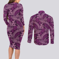 Royal Purple Monstera Couples Matching Long Sleeve Bodycon Dress and Long Sleeve Button Shirt Polynesian Tribal Pattern - Polynesian Pride
