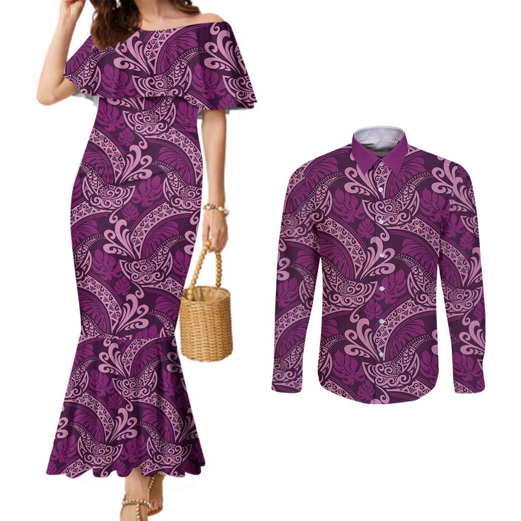Royal Purple Monstera Couples Matching Mermaid Dress and Long Sleeve Button Shirt Polynesian Tribal Pattern - Polynesian Pride