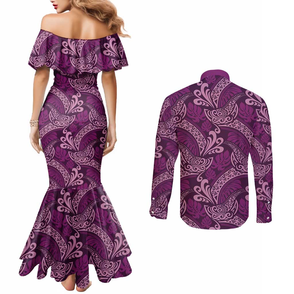 Royal Purple Monstera Couples Matching Mermaid Dress and Long Sleeve Button Shirt Polynesian Tribal Pattern - Polynesian Pride