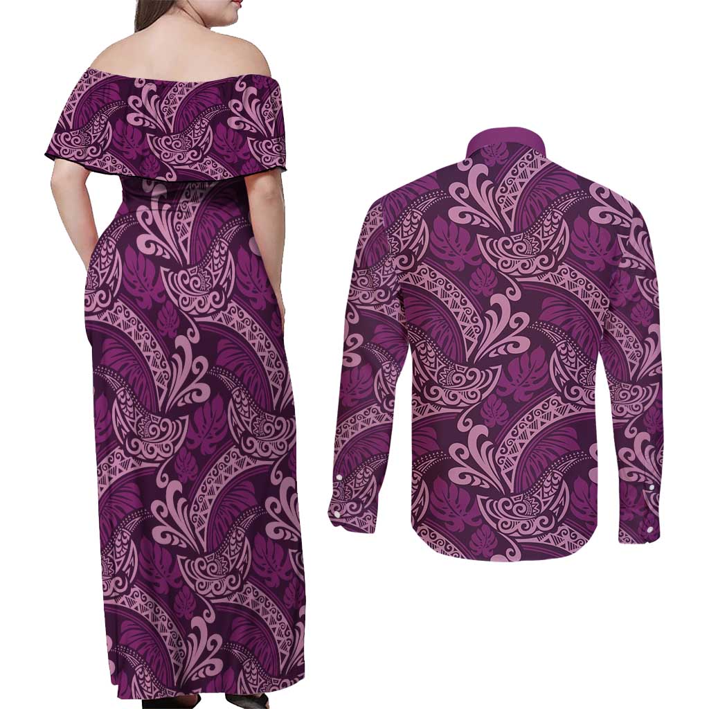 Royal Purple Monstera Couples Matching Off Shoulder Maxi Dress and Long Sleeve Button Shirt Polynesian Tribal Pattern - Polynesian Pride