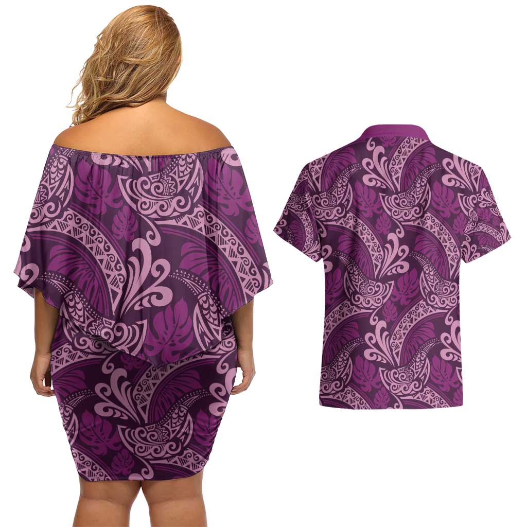 Royal Purple Monstera Couples Matching Off Shoulder Short Dress and Hawaiian Shirt Polynesian Tribal Pattern - Polynesian Pride
