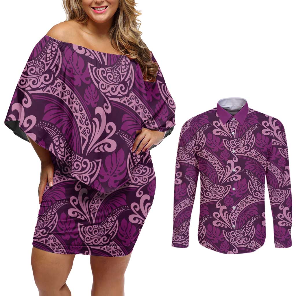 Royal Purple Monstera Couples Matching Off Shoulder Short Dress and Long Sleeve Button Shirt Polynesian Tribal Pattern - Polynesian Pride