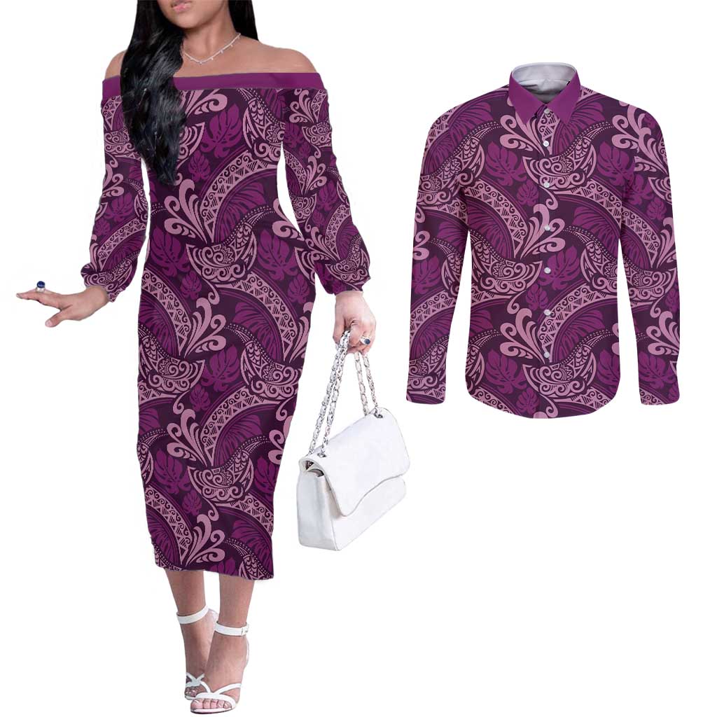 Royal Purple Monstera Couples Matching Off The Shoulder Long Sleeve Dress and Long Sleeve Button Shirt Polynesian Tribal Pattern - Polynesian Pride