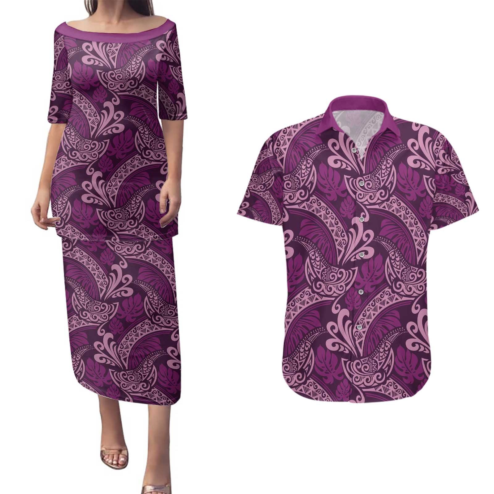 Royal Purple Monstera Couples Matching Puletasi and Hawaiian Shirt Polynesian Tribal Pattern LT01 Purple - Polynesian Pride