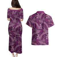 Royal Purple Monstera Couples Matching Puletasi and Hawaiian Shirt Polynesian Tribal Pattern LT01 - Polynesian Pride