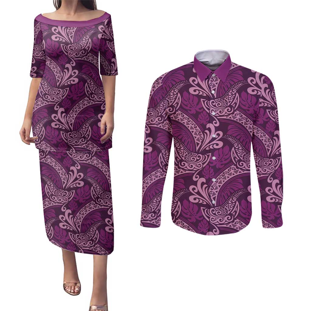 Royal Purple Monstera Couples Matching Puletasi and Long Sleeve Button Shirt Polynesian Tribal Pattern LT01 Purple - Polynesian Pride