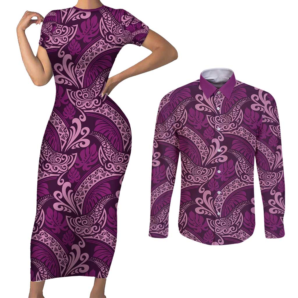 Royal Purple Monstera Couples Matching Short Sleeve Bodycon Dress and Long Sleeve Button Shirt Polynesian Tribal Pattern - Polynesian Pride