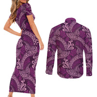 Royal Purple Monstera Couples Matching Short Sleeve Bodycon Dress and Long Sleeve Button Shirt Polynesian Tribal Pattern - Polynesian Pride