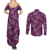 Royal Purple Monstera Couples Matching Summer Maxi Dress and Long Sleeve Button Shirt Polynesian Tribal Pattern - Polynesian Pride