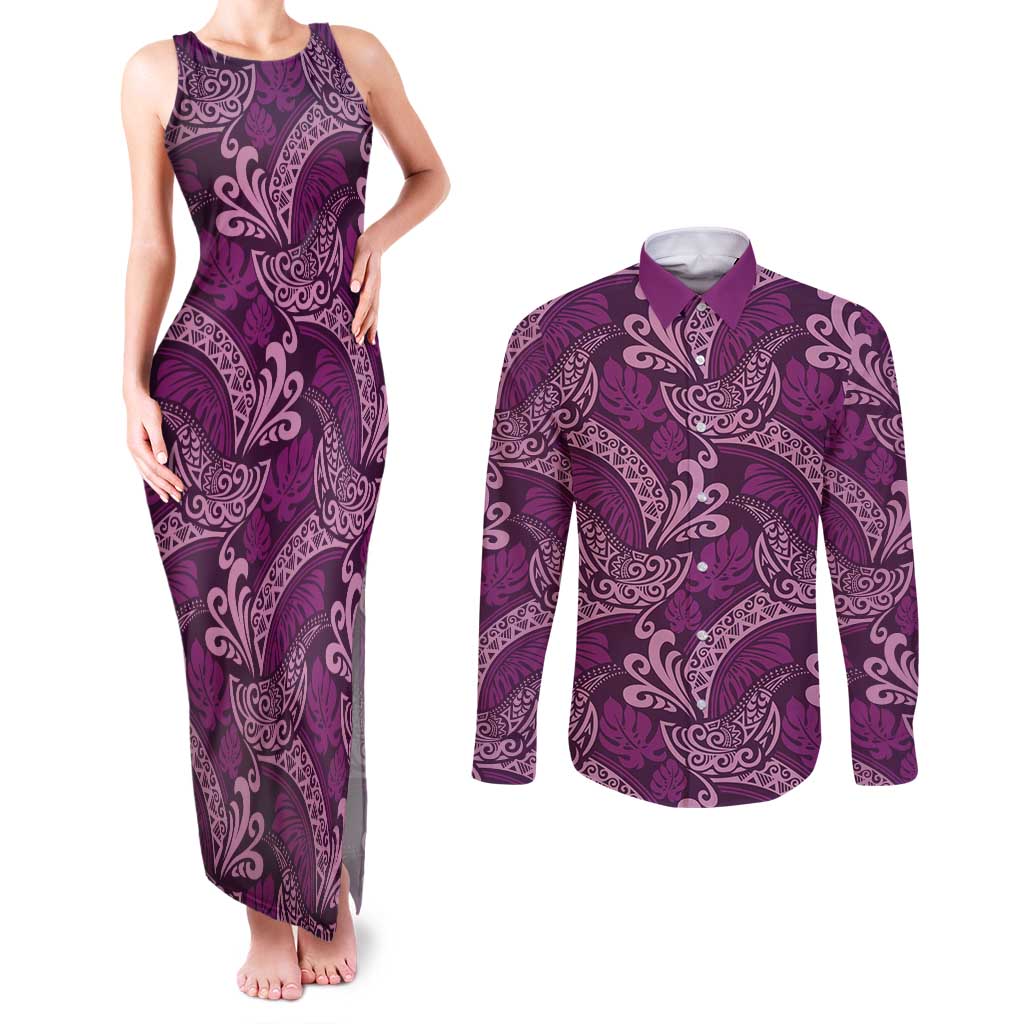 Royal Purple Monstera Couples Matching Tank Maxi Dress and Long Sleeve Button Shirt Polynesian Tribal Pattern - Polynesian Pride