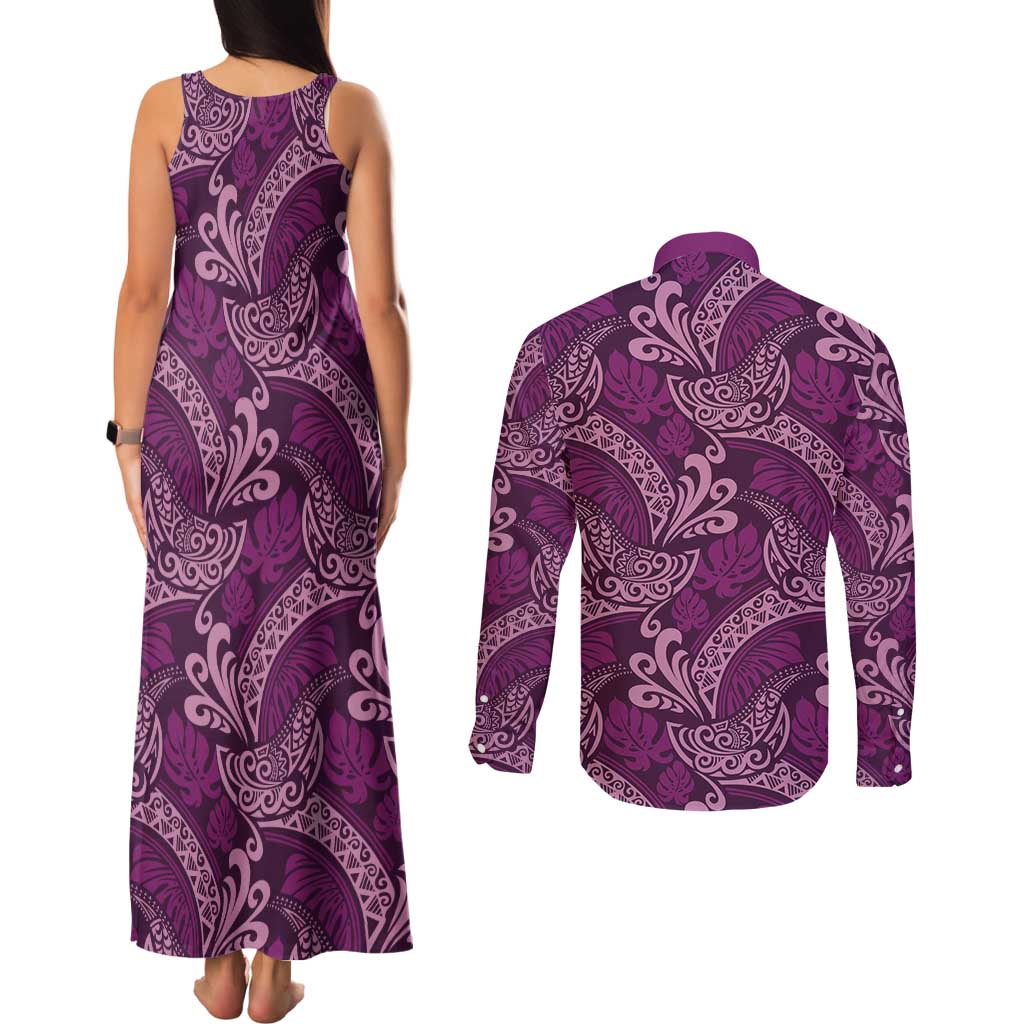 Royal Purple Monstera Couples Matching Tank Maxi Dress and Long Sleeve Button Shirt Polynesian Tribal Pattern - Polynesian Pride