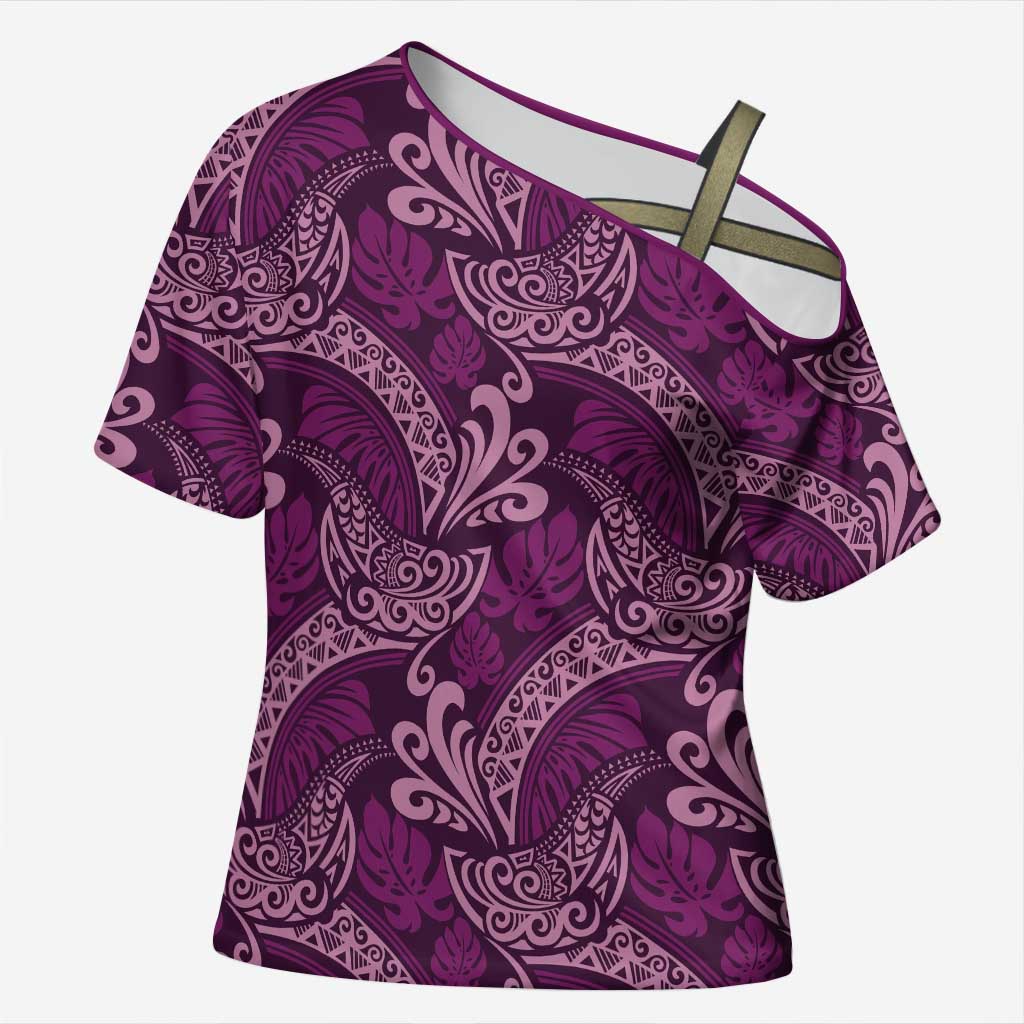 Royal Purple Monstera Cross Shoulder Shirt Polynesian Tribal Pattern LT01 Female Purple - Polynesian Pride