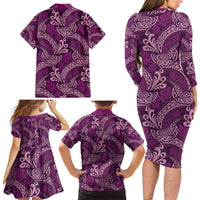 Royal Purple Monstera Family Matching Long Sleeve Bodycon Dress and Hawaiian Shirt Polynesian Tribal Pattern - Polynesian Pride