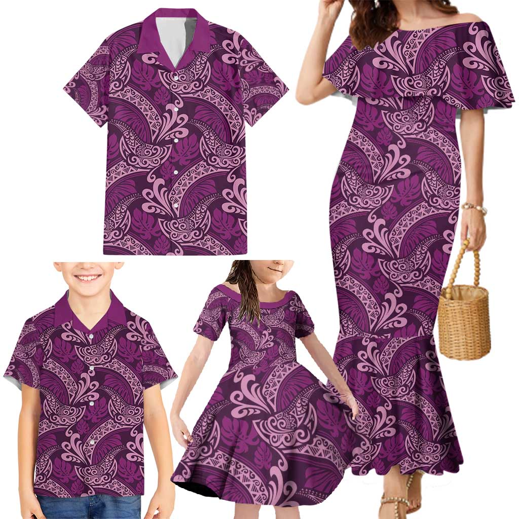 Royal Purple Monstera Family Matching Mermaid Dress and Hawaiian Shirt Polynesian Tribal Pattern - Polynesian Pride
