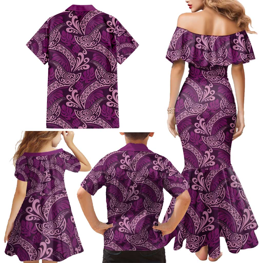 Royal Purple Monstera Family Matching Mermaid Dress and Hawaiian Shirt Polynesian Tribal Pattern - Polynesian Pride