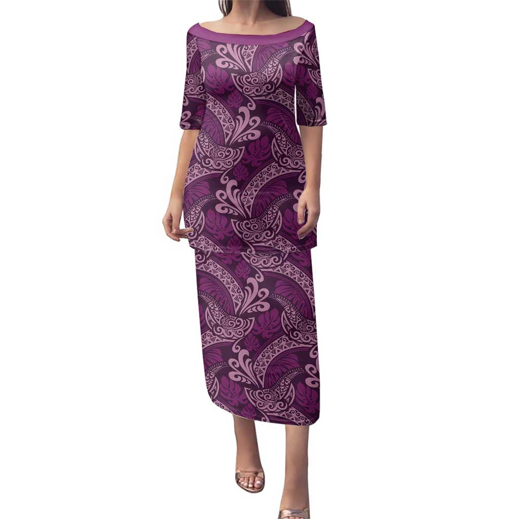 Royal Purple Monstera Family Matching Puletasi and Hawaiian Shirt Polynesian Tribal Pattern LT01 Mom's Dress Purple - Polynesian Pride