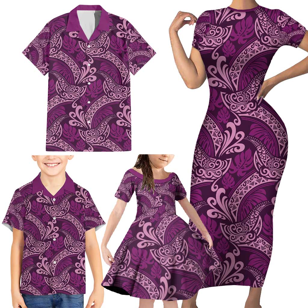 Royal Purple Monstera Family Matching Short Sleeve Bodycon Dress and Hawaiian Shirt Polynesian Tribal Pattern - Polynesian Pride