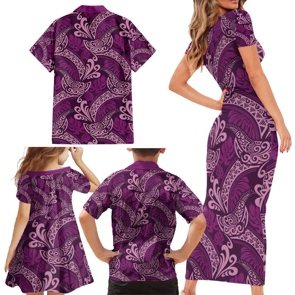 Royal Purple Monstera Family Matching Short Sleeve Bodycon Dress and Hawaiian Shirt Polynesian Tribal Pattern - Polynesian Pride