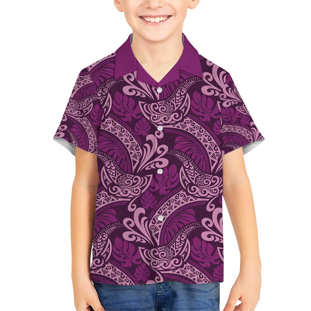 Royal Purple Monstera Family Matching Short Sleeve Bodycon Dress and Hawaiian Shirt Polynesian Tribal Pattern - Polynesian Pride
