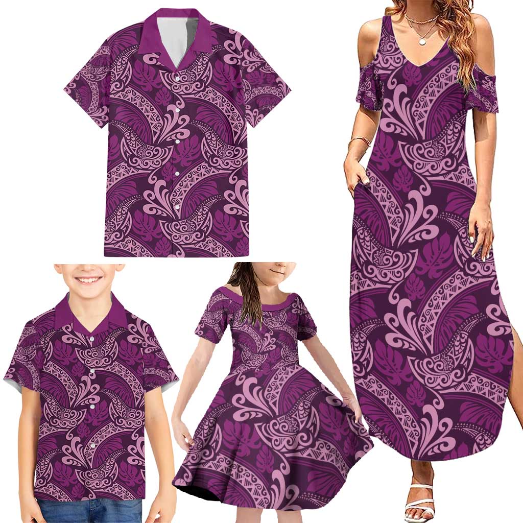 Royal Purple Monstera Family Matching Summer Maxi Dress and Hawaiian Shirt Polynesian Tribal Pattern - Polynesian Pride