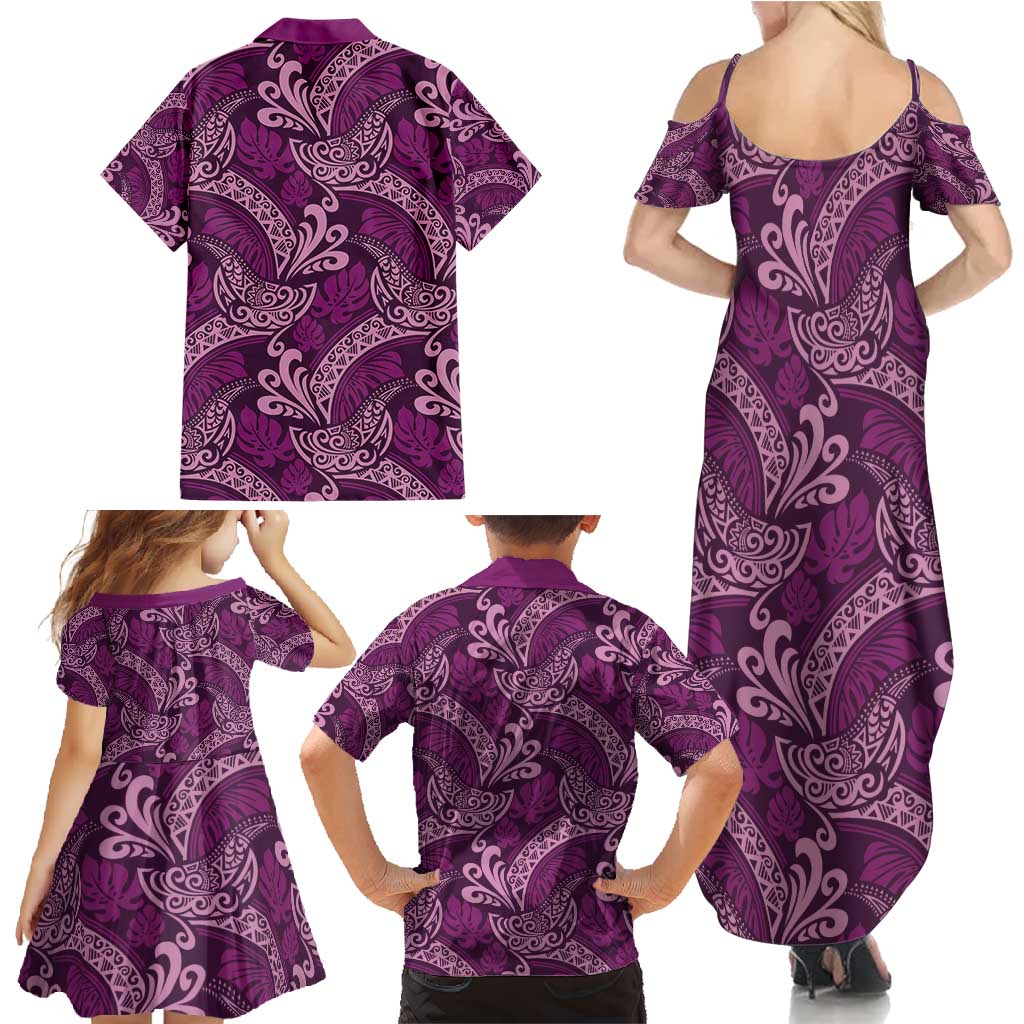 Royal Purple Monstera Family Matching Summer Maxi Dress and Hawaiian Shirt Polynesian Tribal Pattern - Polynesian Pride