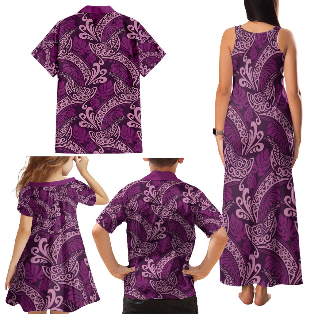 Royal Purple Monstera Family Matching Tank Maxi Dress and Hawaiian Shirt Polynesian Tribal Pattern - Polynesian Pride